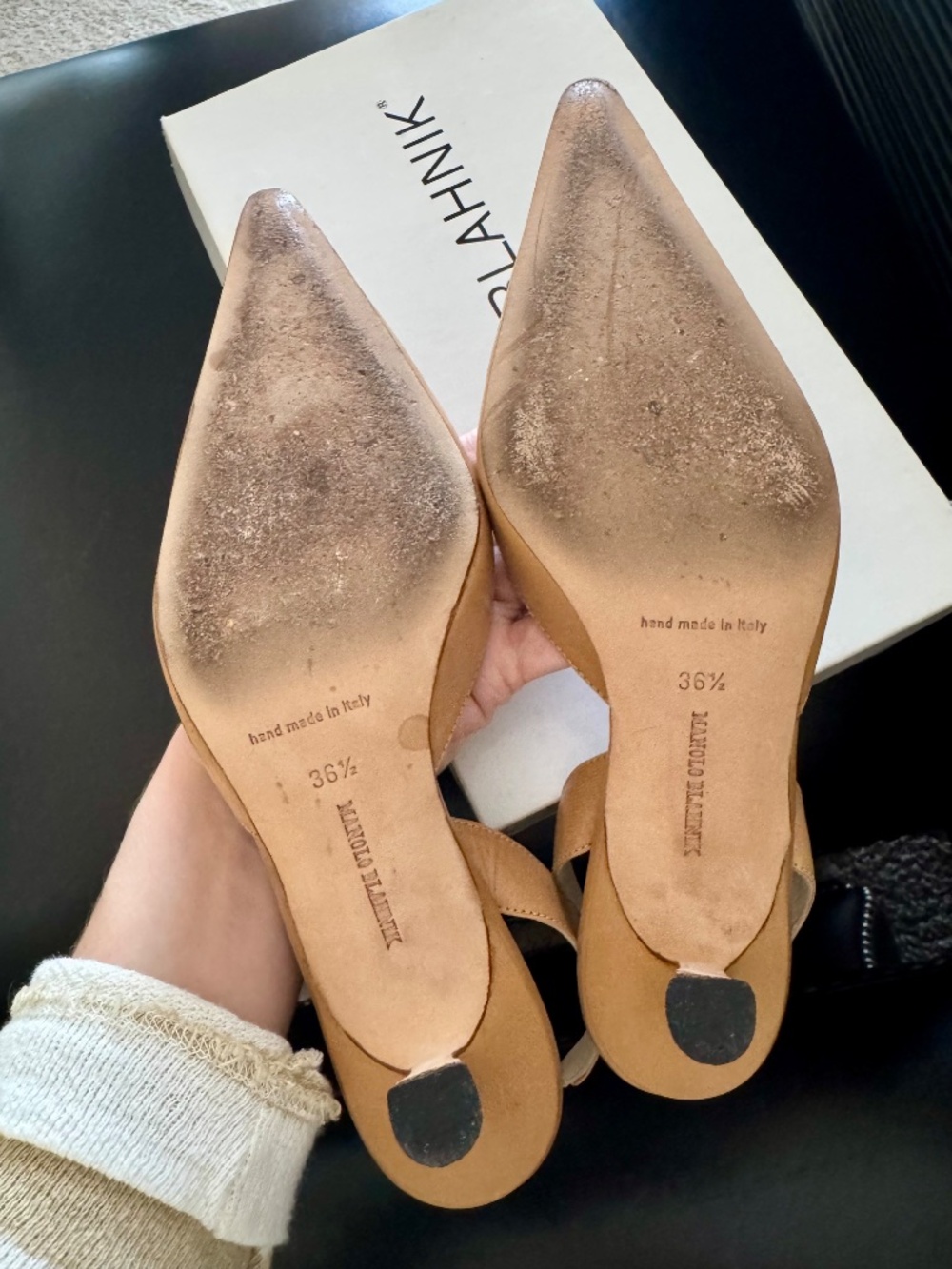 Vintage Manolo Blahnik Nude Leather Sling Back Pumps - Picture 4 of 4